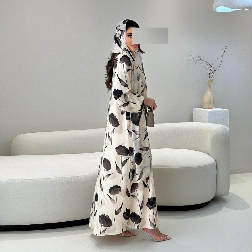 Ramadan Muslim Woman’s Floral Print Long Dresses Modest Elegant Cardigan with Hijab Casual Loose Abayas - detail 4
