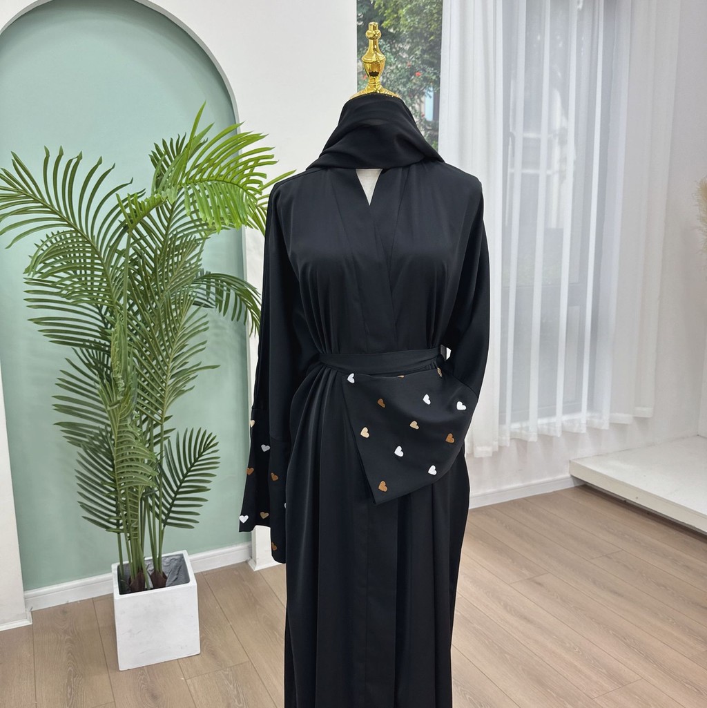 Love Heart Embroidery Muslim Abaya for Women Raya Cardigan Ramadan Abayas Kaftan Islam Dubai Arab Long Robe Jubah - detail 8