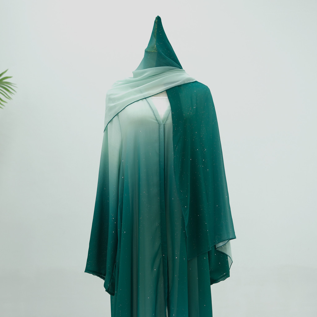 3 Piece Dubai Luxury Shiny Gradient Color Abaya Open Muslim Dresses with Scarf Chiffon Modest Robe Khimar Islamic Caftan - detail 5
