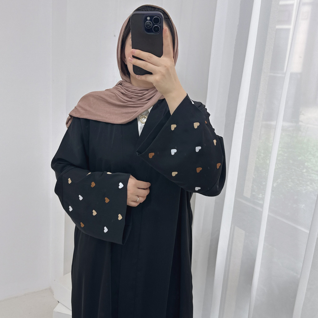 Love Heart Embroidery Muslim Abaya for Women Raya Cardigan Ramadan Abayas Kaftan Islam Dubai Arab Long Robe Jubah - detail 2