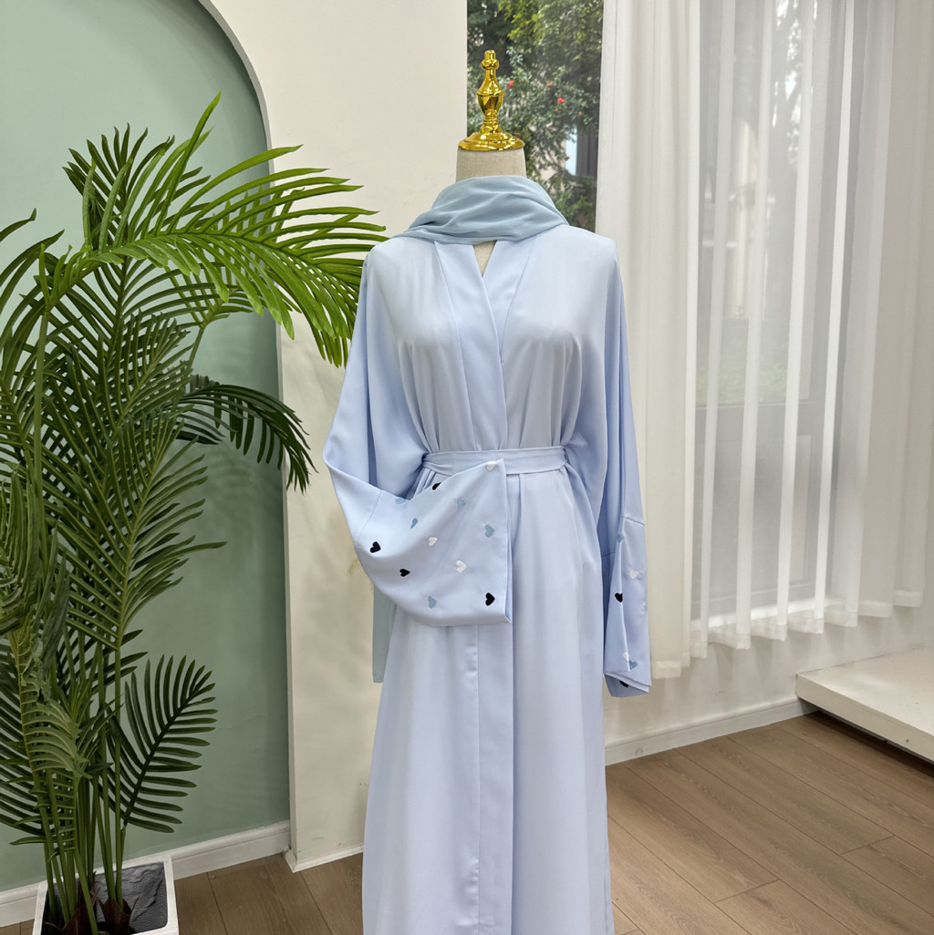Love Heart Embroidery Muslim Abaya for Women Raya Cardigan Ramadan Abayas Kaftan Islam Dubai Arab Long Robe Jubah - detail 12