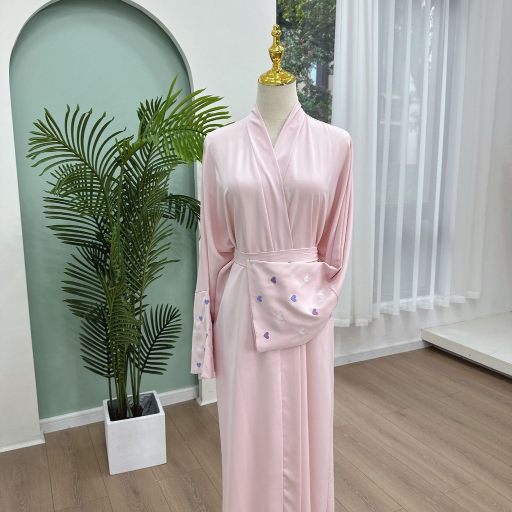 Love Heart Embroidery Muslim Abaya for Women Raya Cardigan Ramadan Abayas Kaftan Islam Dubai Arab Long Robe Jubah - detail 7