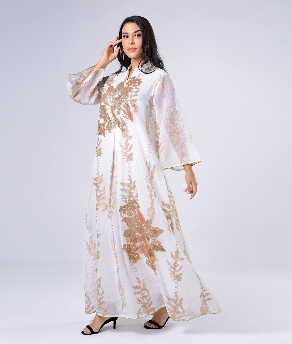 Sequins Embroidered Abaya Dress For Women Kaftan Arabic White Islamic Ethnic Robe Raya New - detail 8