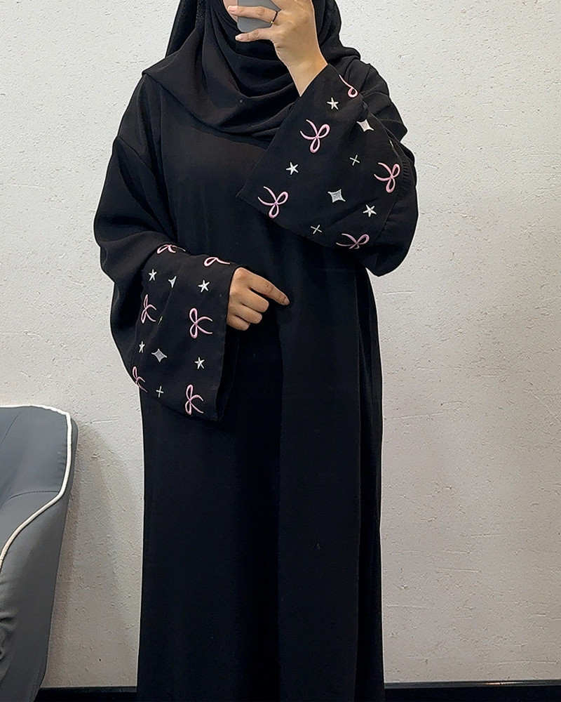 Ramadan Muslim Women Modest Dresses Kaftan Bow Embroidery Dubai Abayas Islam Raya Jubah Arab Long Robe - detail 3