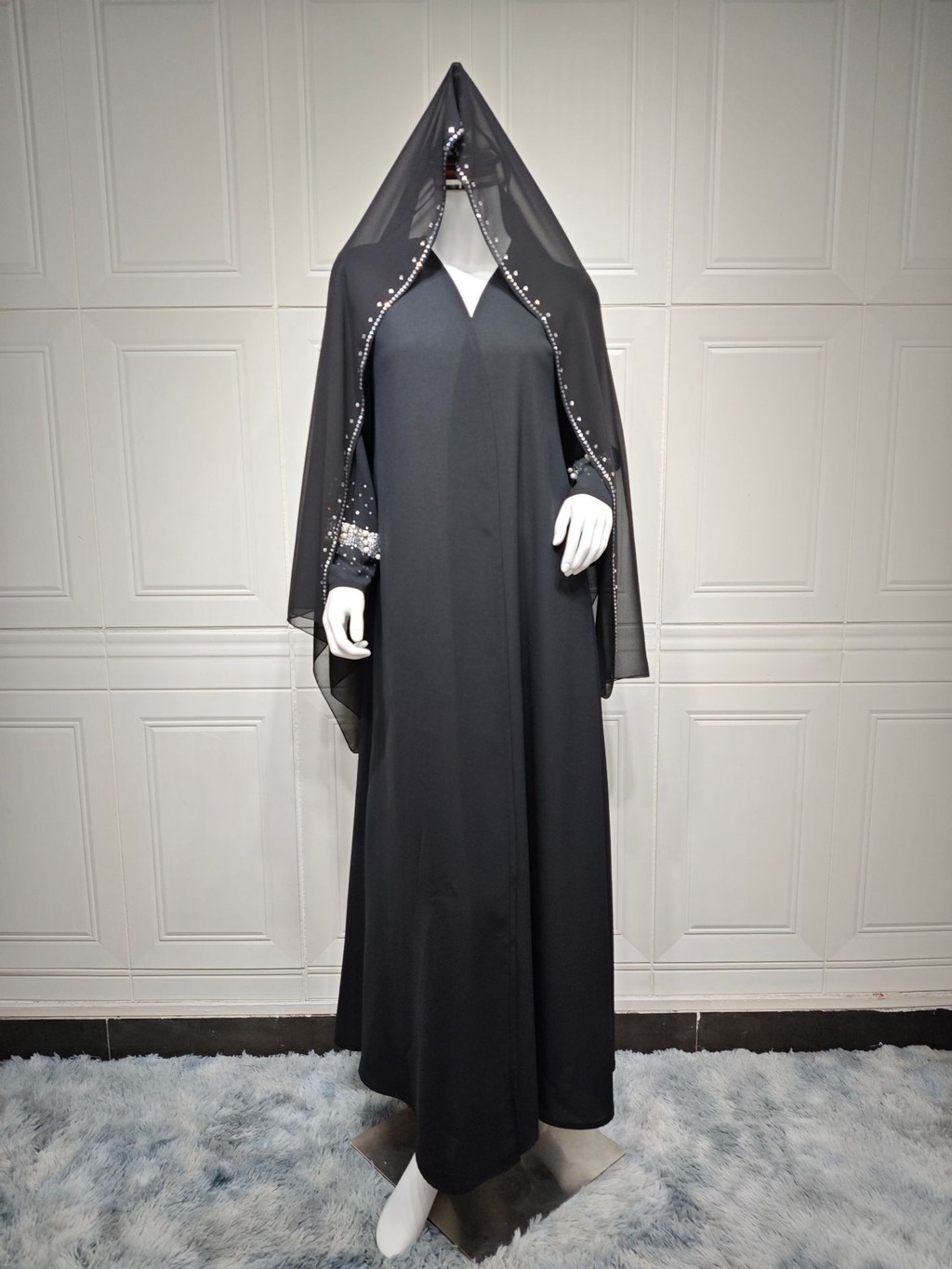 Muslim Black Abaya Dubai Luxury Open Cardigan Women's Prayer Caftan For Evening Robe Clothes Large Size With Belt - detail 7