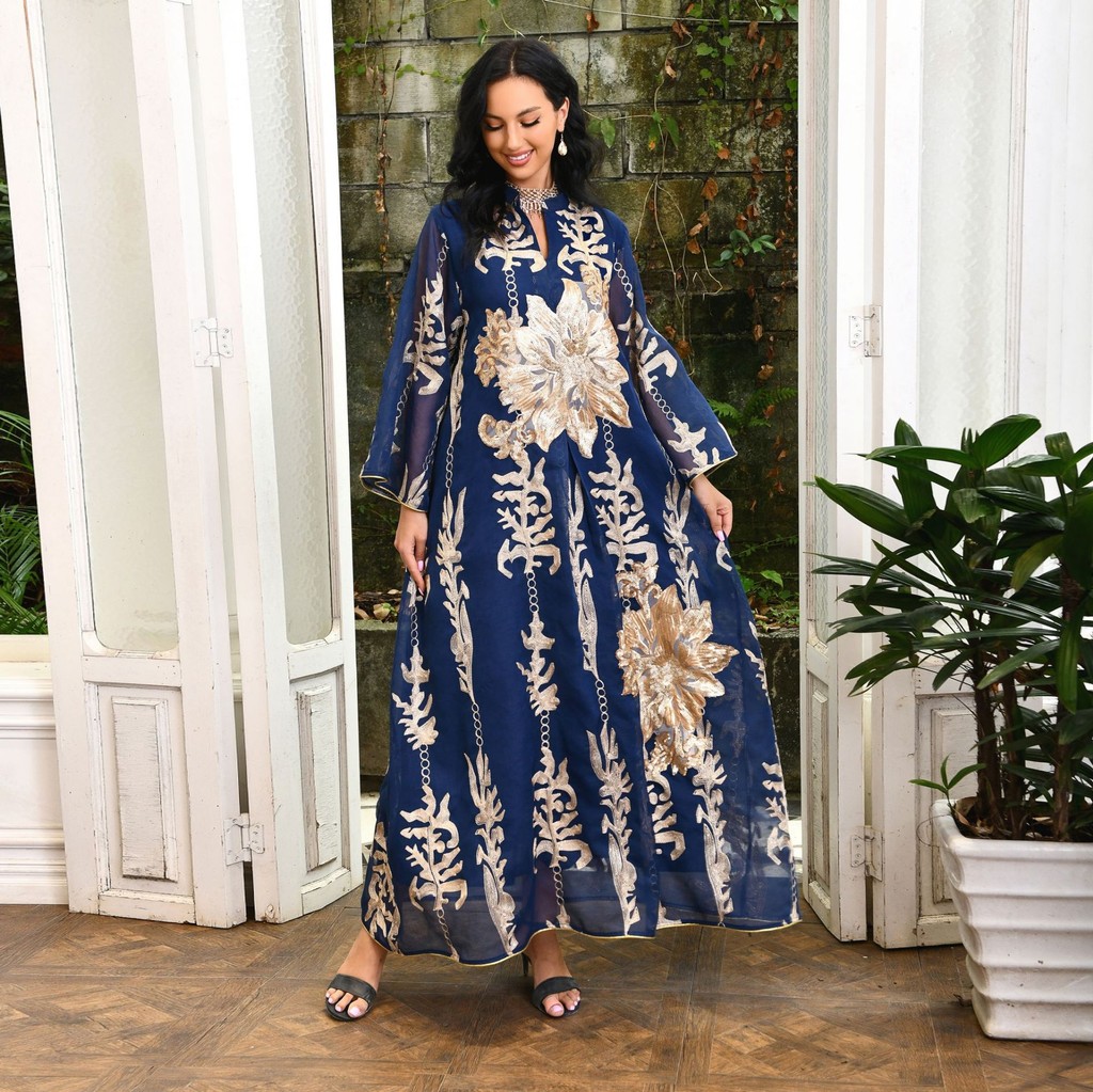 Sequins Embroidered Abaya Dress For Women Kaftan Arabic White Islamic Ethnic Robe Raya New - detail 12