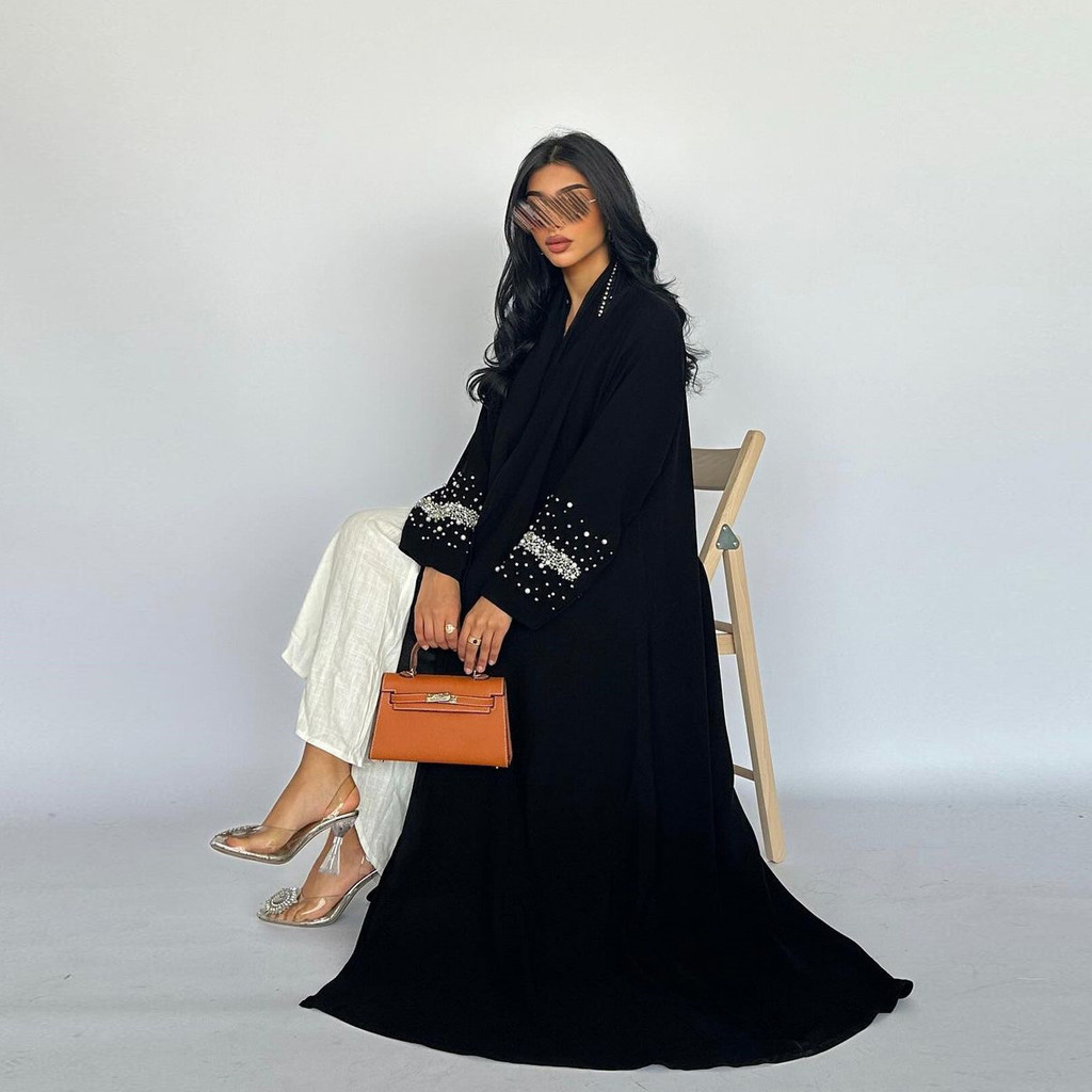 Muslim Black Abaya Dubai Luxury Open Cardigan Women's Prayer Caftan For Evening Robe Clothes Large Size With Belt - detail 4