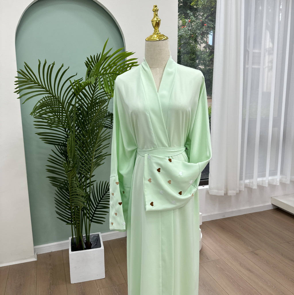 Love Heart Embroidery Muslim Abaya for Women Raya Cardigan Ramadan Abayas Kaftan Islam Dubai Arab Long Robe Jubah - detail 10
