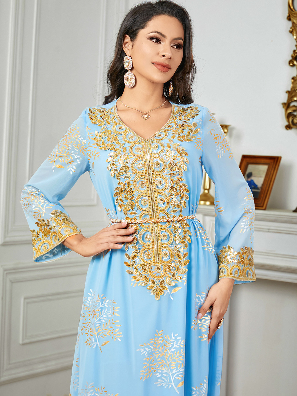 Summer Middle East Arab New Floral Gold Plated Women Dresses Party Dresses Malayu Kaftan with Customized Belt - detail 10