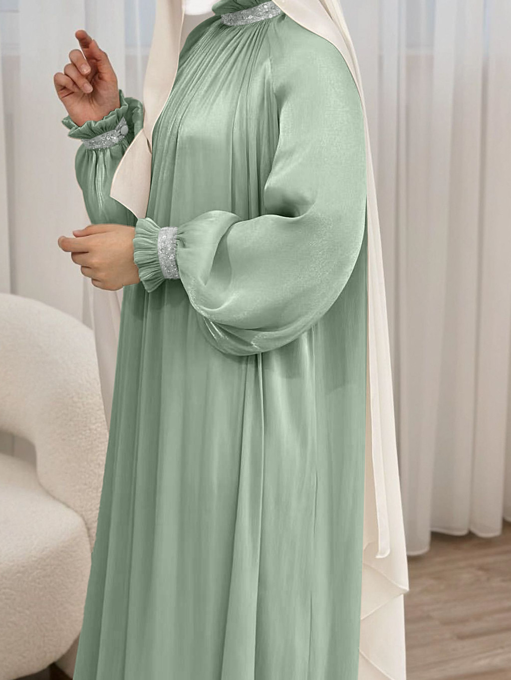 Dubai Muslim Modest Dress for Women Elegant Arab Stain Plain Abaya with Belt Islamic Solid Long Sleeve Robe - detail 9