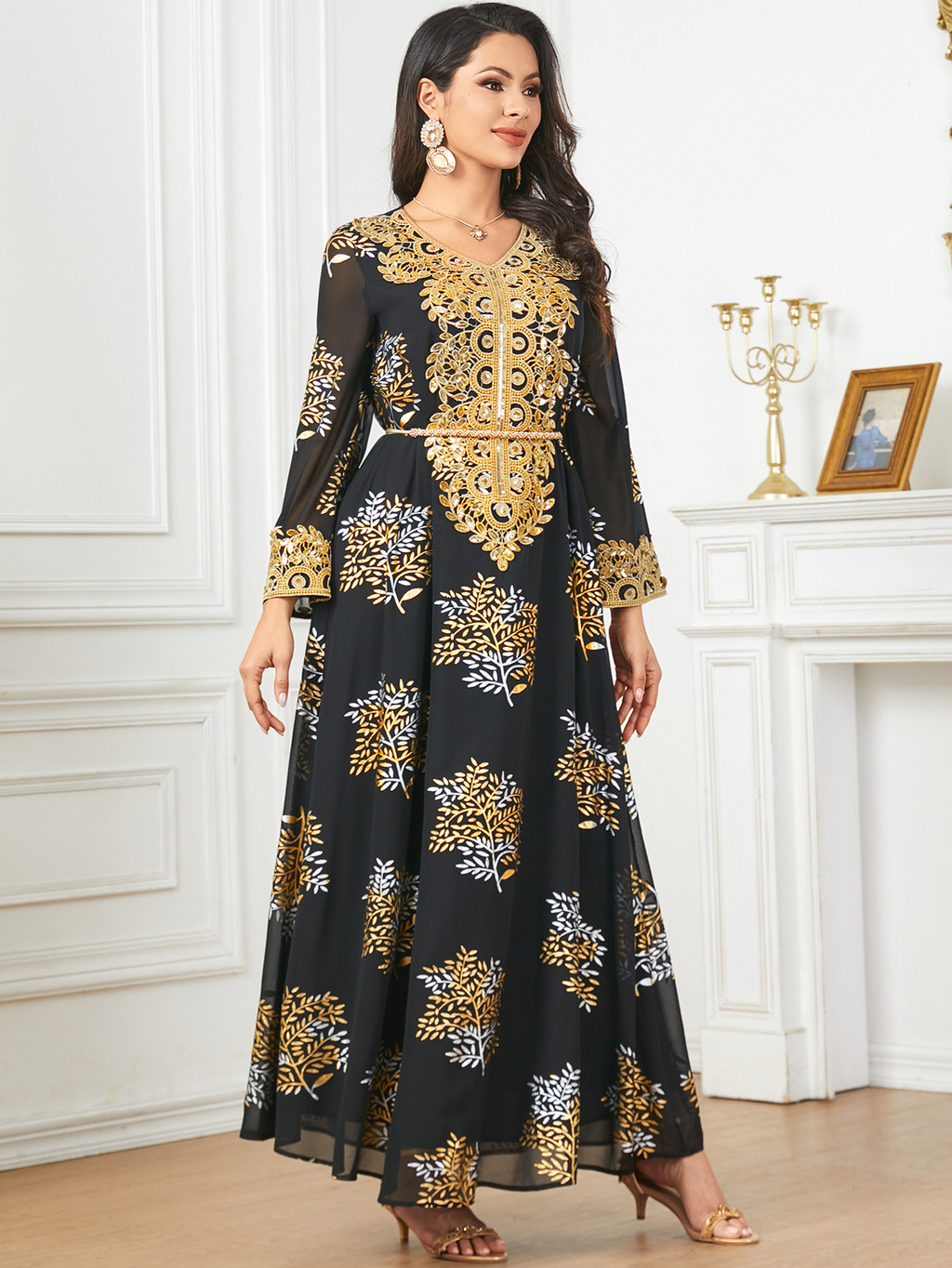 Summer Middle East Arab New Floral Gold Plated Women Dresses Party Dresses Malayu Kaftan with Customized Belt - detail 3