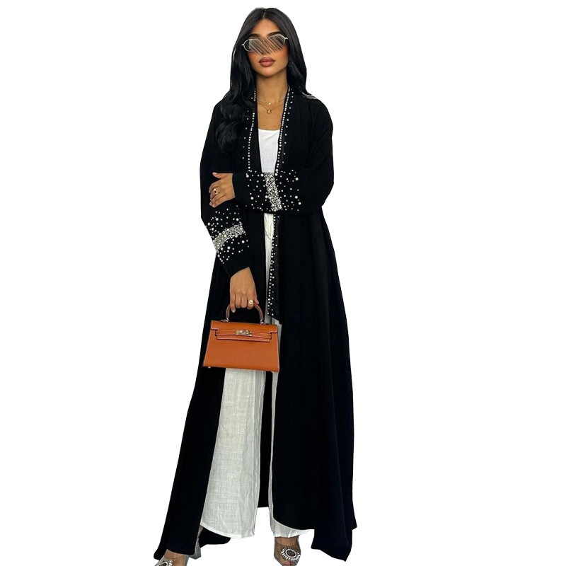Muslim Black Abaya Dubai Luxury Open Cardigan Women's Prayer Caftan For Evening Robe Clothes Large Size With Belt - detail 5