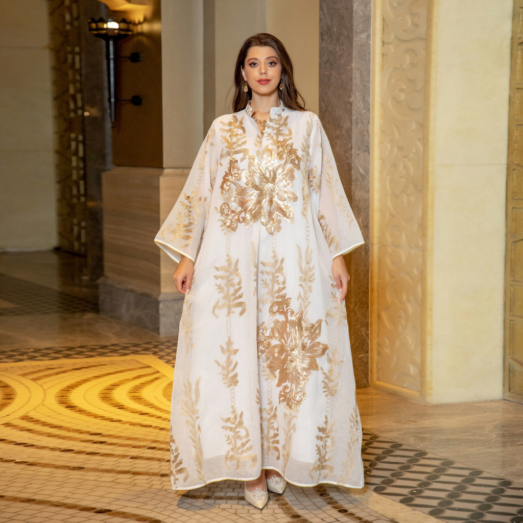 Sequins Embroidered Abaya Dress For Women Kaftan Arabic White Islamic Ethnic Robe Raya New - detail 2