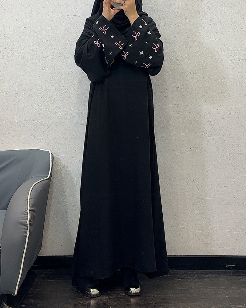 Ramadan Muslim Women Modest Dresses Kaftan Bow Embroidery Dubai Abayas Islam Raya Jubah Arab Long Robe - detail 4
