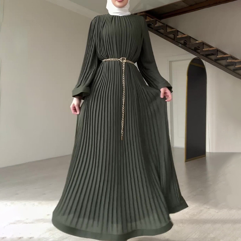 Women Long Sleeve Pleated Dresses Vintage Solid Muslim Abaya Dress Elegant Casual Loose Sundress Islamic Clothing - detail 1