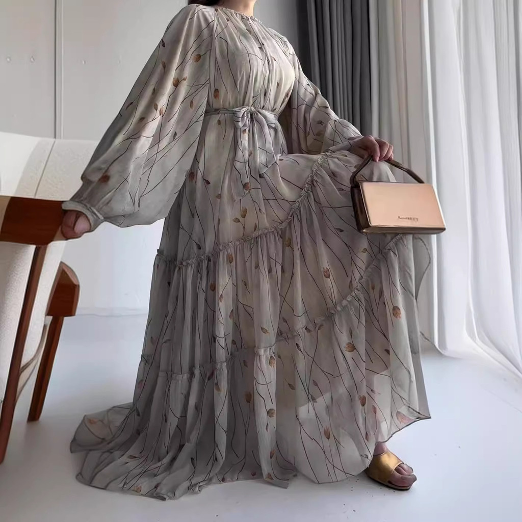 Women Dress Long Dresses A Line Casual Puff Full Sleeve Round Neck Maxi Lace Up Tight Waist Print Floral Elegant Splice - detail 3