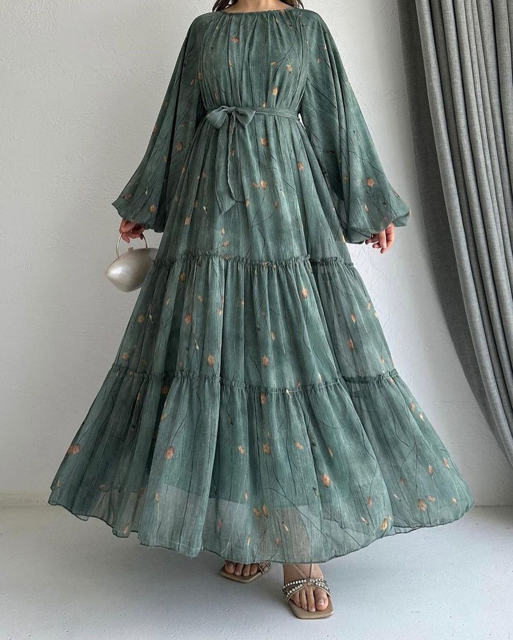 Women Dress Long Dresses A Line Casual Puff Full Sleeve Round Neck Maxi Lace Up Tight Waist Print Floral Elegant Splice - detail 8