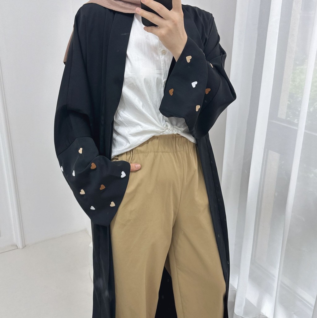 Love Heart Embroidery Muslim Abaya for Women Raya Cardigan Ramadan Abayas Kaftan Islam Dubai Arab Long Robe Jubah - detail 4