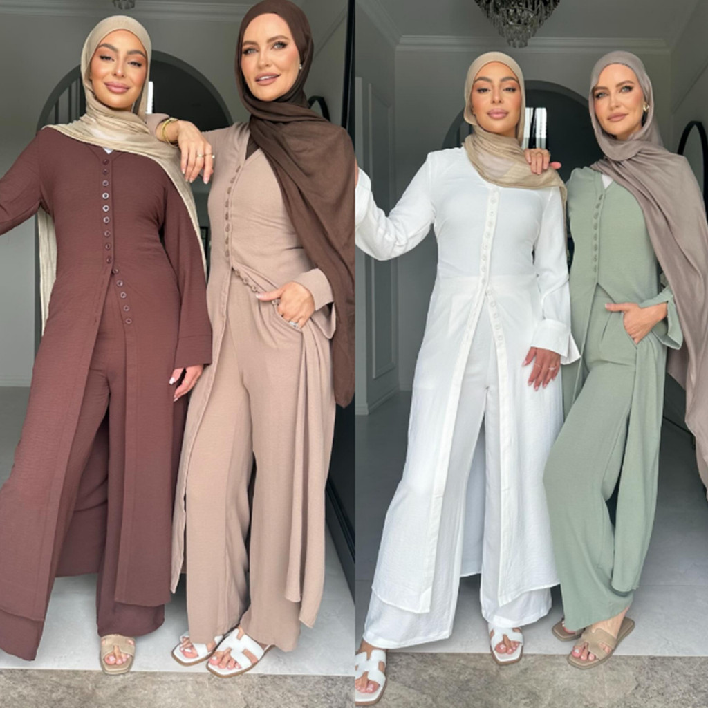 Ramadan Plain 2 Piece Abaya Set Tops Pants Modest Muslim Sets Abayas Prayer Clothes For Women Caftan Jubah Kaftan - detail 1
