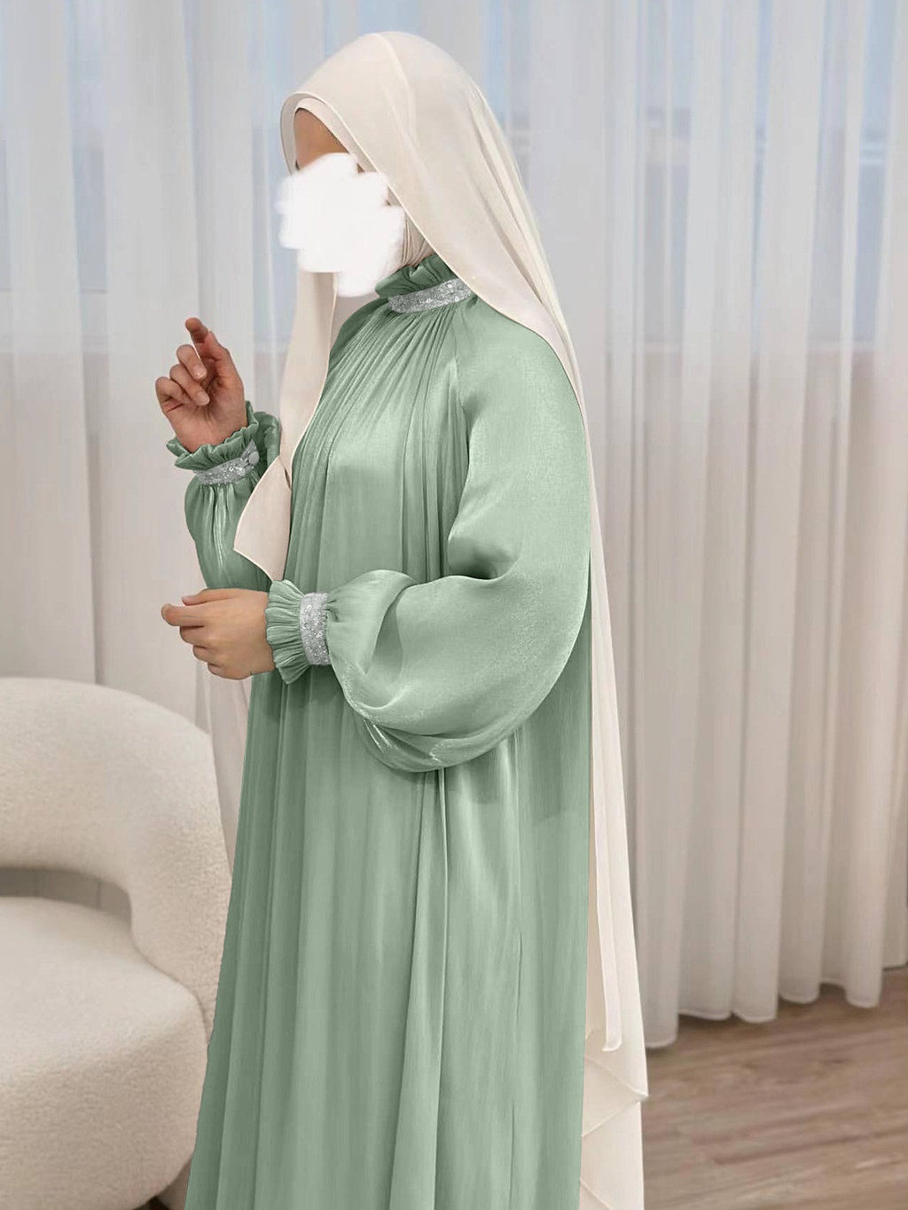 Dubai Muslim Modest Dress for Women Elegant Arab Stain Plain Abaya with Belt Islamic Solid Long Sleeve Robe - detail 12
