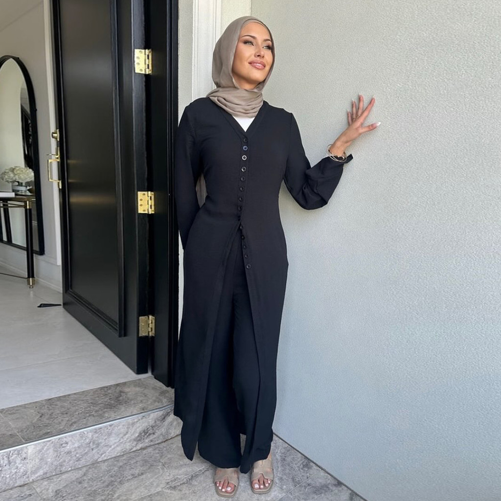 Ramadan Plain 2 Piece Abaya Set Tops Pants Modest Muslim Sets Abayas Prayer Clothes For Women Caftan Jubah Kaftan - detail 5