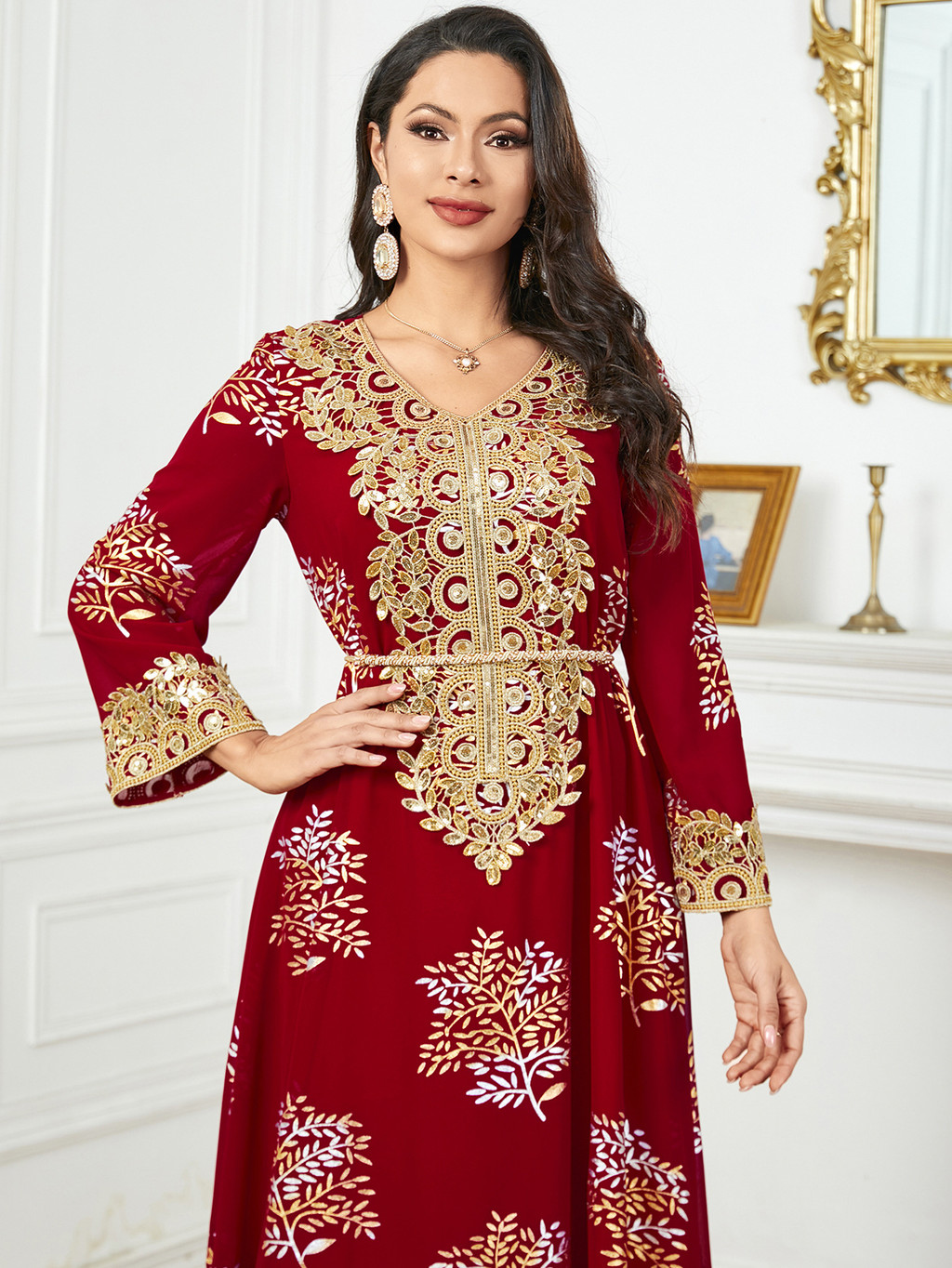 Summer Middle East Arab New Floral Gold Plated Women Dresses Party Dresses Malayu Kaftan with Customized Belt - detail 6