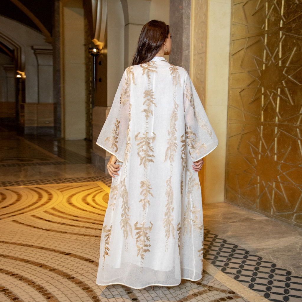 Sequins Embroidered Abaya Dress For Women Kaftan Arabic White Islamic Ethnic Robe Raya New - detail 3