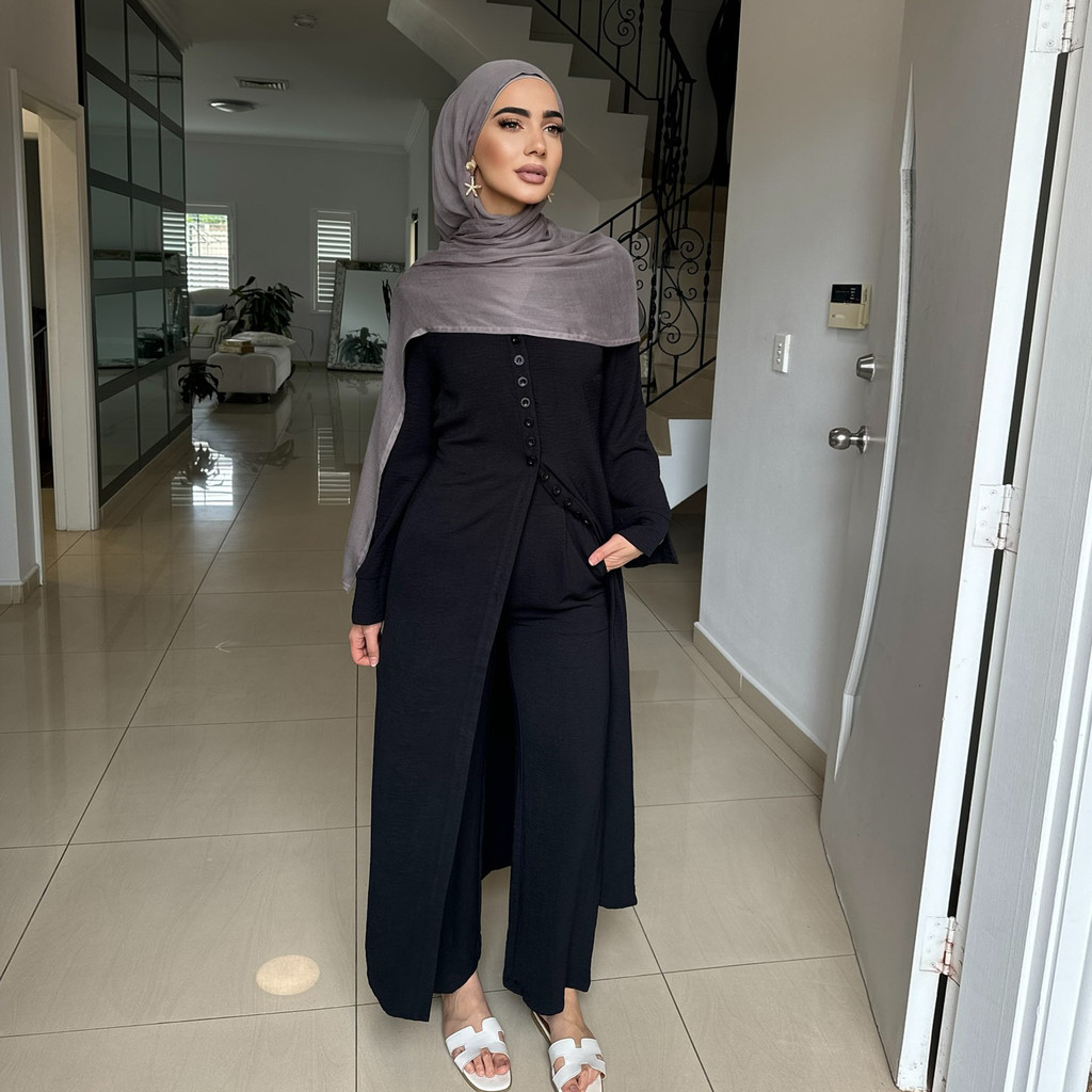 Ramadan Plain 2 Piece Abaya Set Tops Pants Modest Muslim Sets Abayas Prayer Clothes For Women Caftan Jubah Kaftan - detail 7