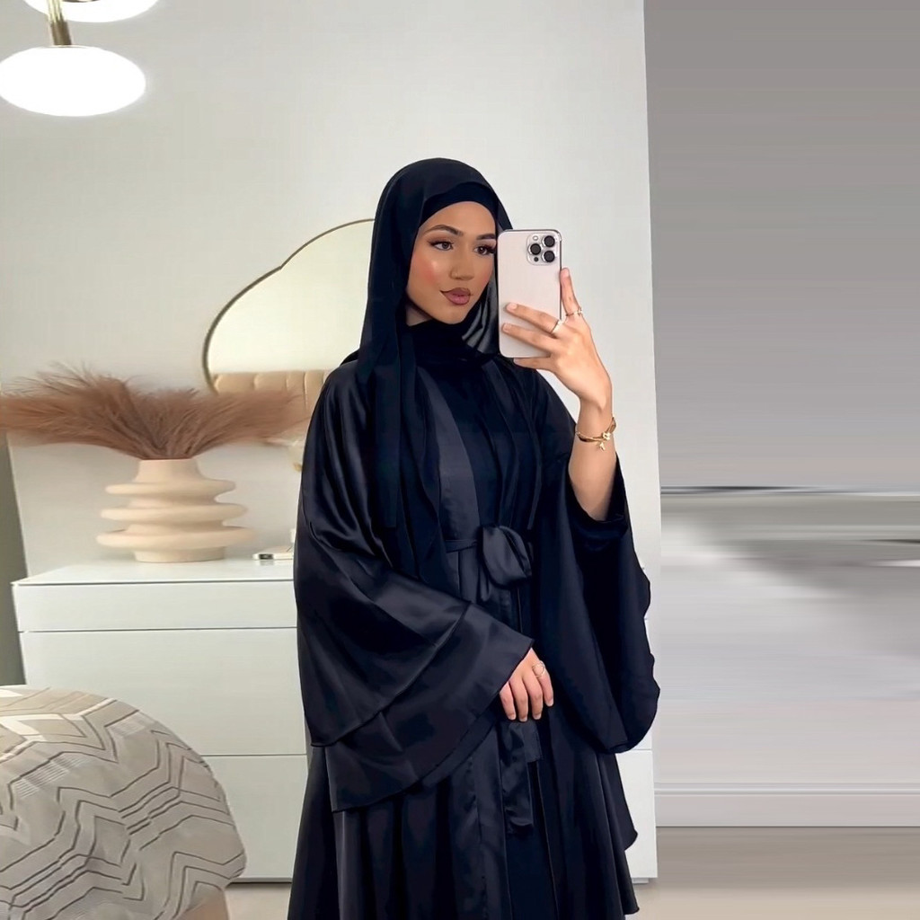 Raya Abayas for Women Muslim Satin 3 Layers Ramadan Robe Cake Dress Ramadan Caftan Long Dresses Cardigan Jubah - detail 4