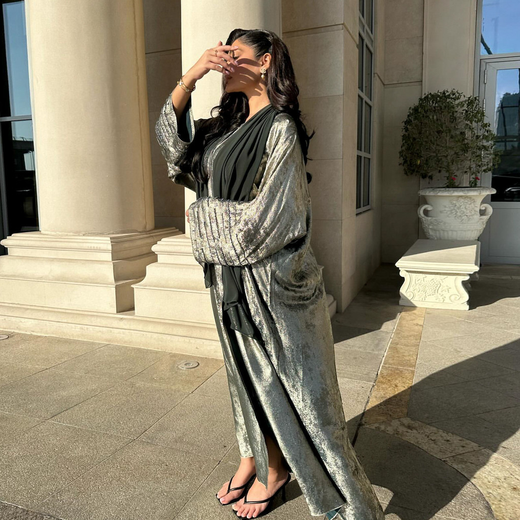 Shiny Satin Open Kimono Abaya Dubai Luxury Muslim Abayas For Women Kaftan Dress Islam Clothing Robe Caftan - detail 5