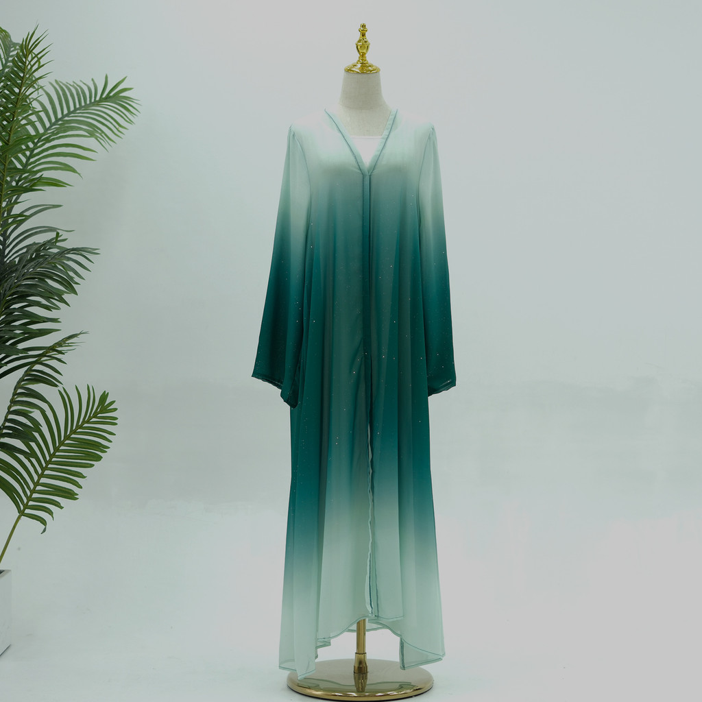 3 Piece Dubai Luxury Shiny Gradient Color Abaya Open Muslim Dresses with Scarf Chiffon Modest Robe Khimar Islamic Caftan - detail 7