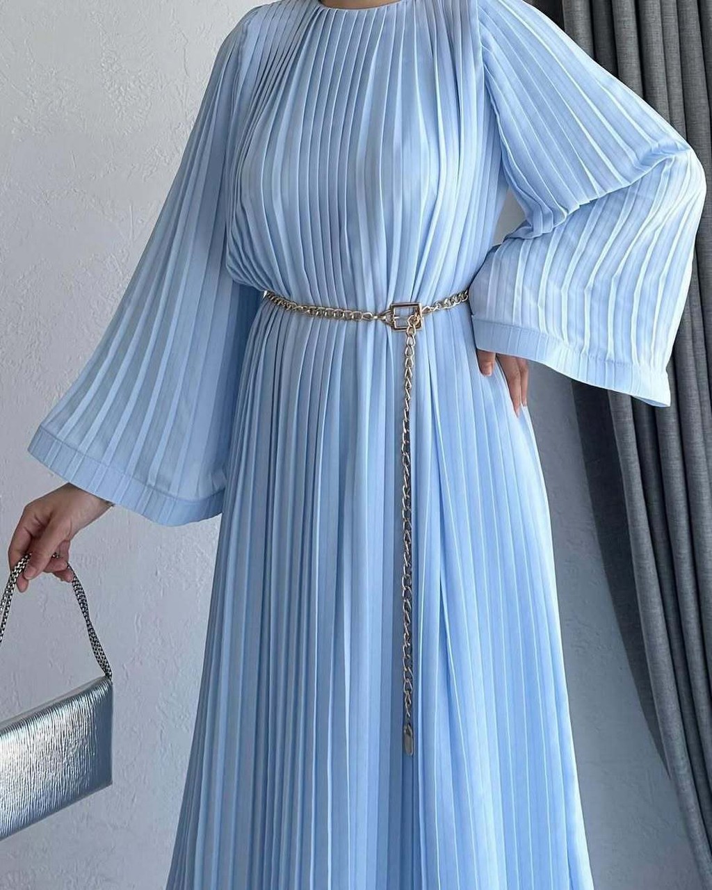 Women Long Sleeve Pleated Dresses Vintage Solid Muslim Abaya Dress Elegant Casual Loose Sundress Islamic Clothing - detail 12