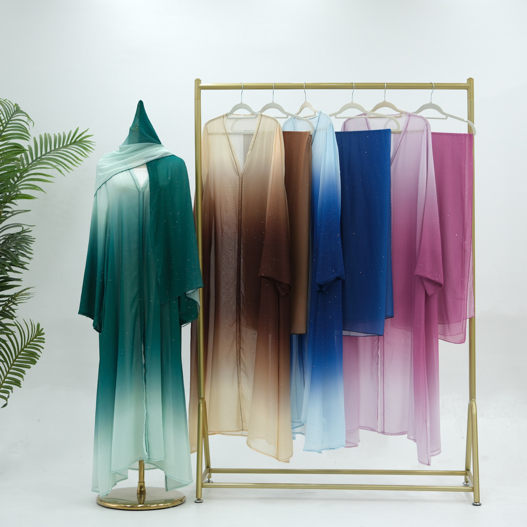 3 Piece Dubai Luxury Shiny Gradient Color Abaya Open Muslim Dresses with Scarf Chiffon Modest Robe Khimar Islamic Caftan - detail 3