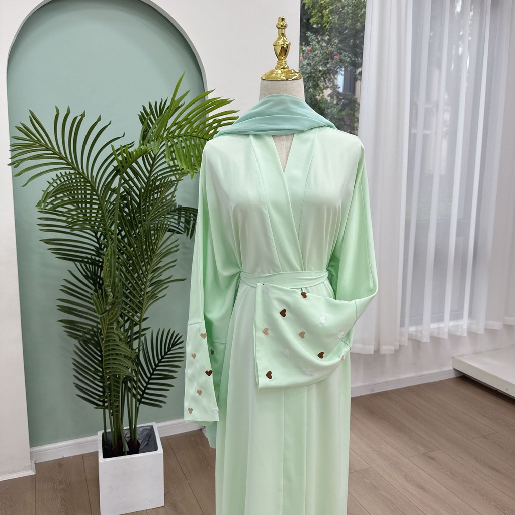 Love Heart Embroidery Muslim Abaya for Women Raya Cardigan Ramadan Abayas Kaftan Islam Dubai Arab Long Robe Jubah - detail 11