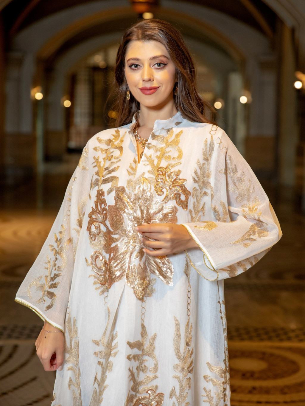 Sequins Embroidered Abaya Dress For Women Kaftan Arabic White Islamic Ethnic Robe Raya New - detail 4