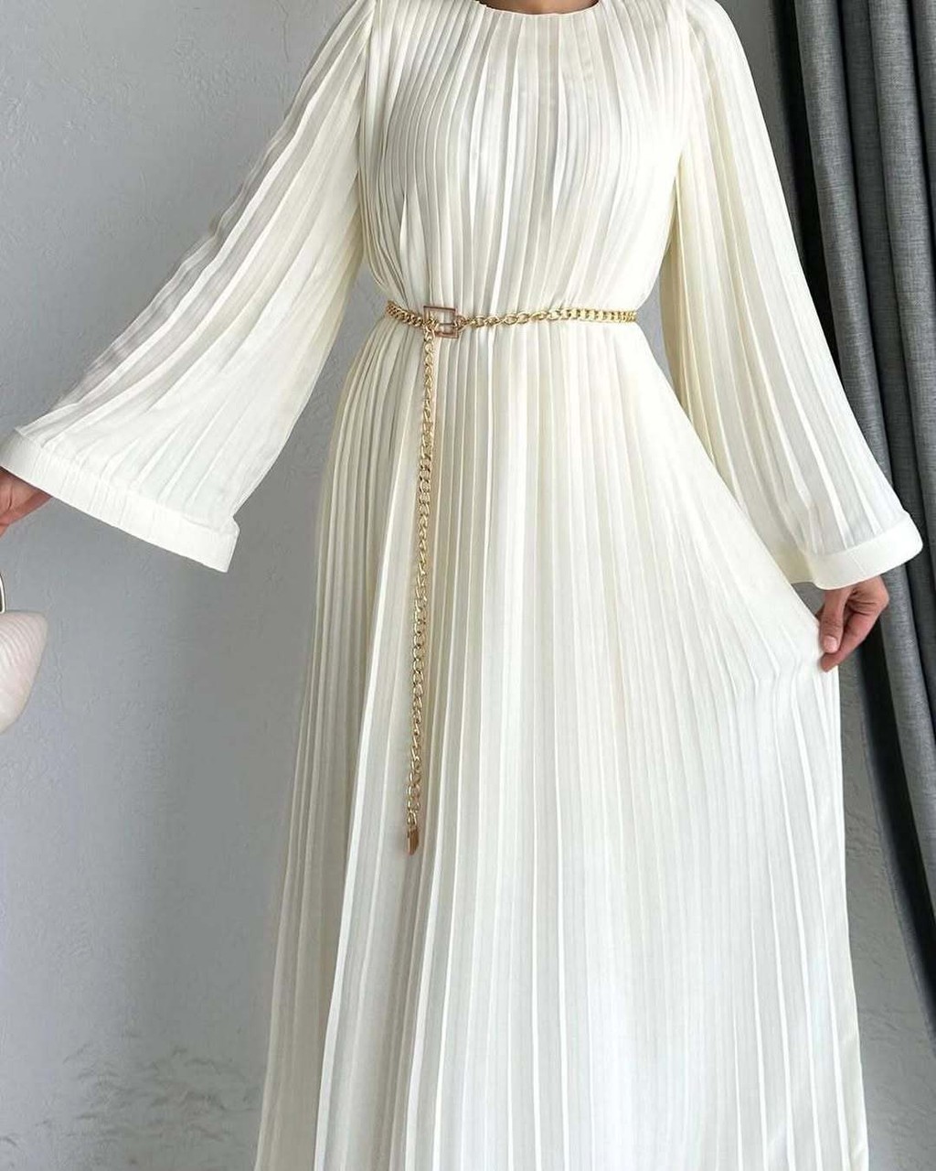 Women Long Sleeve Pleated Dresses Vintage Solid Muslim Abaya Dress Elegant Casual Loose Sundress Islamic Clothing - detail 5