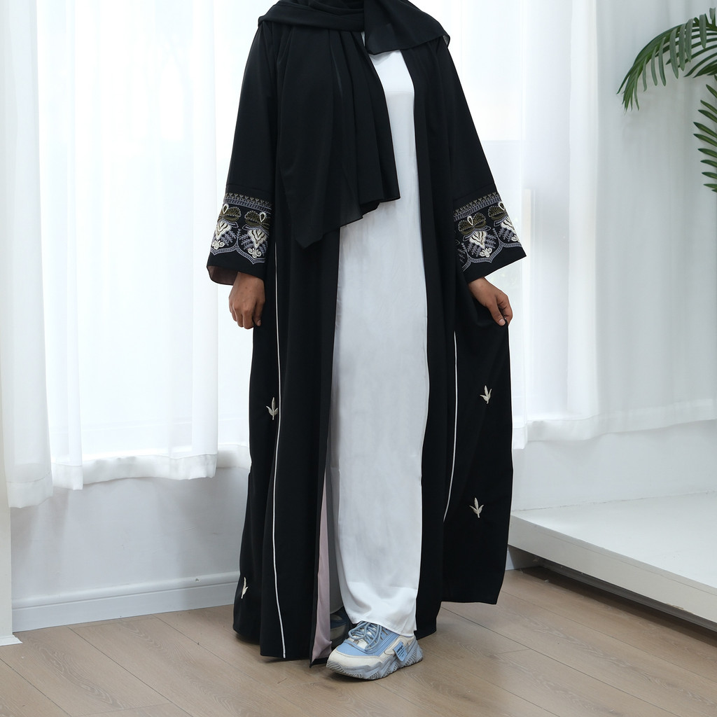Embroidery Open Black Fancy Abaya Dubai For Evening Party Dress Muslim Clothing Women Kaftan Malay Kaftan Woman - detail 3