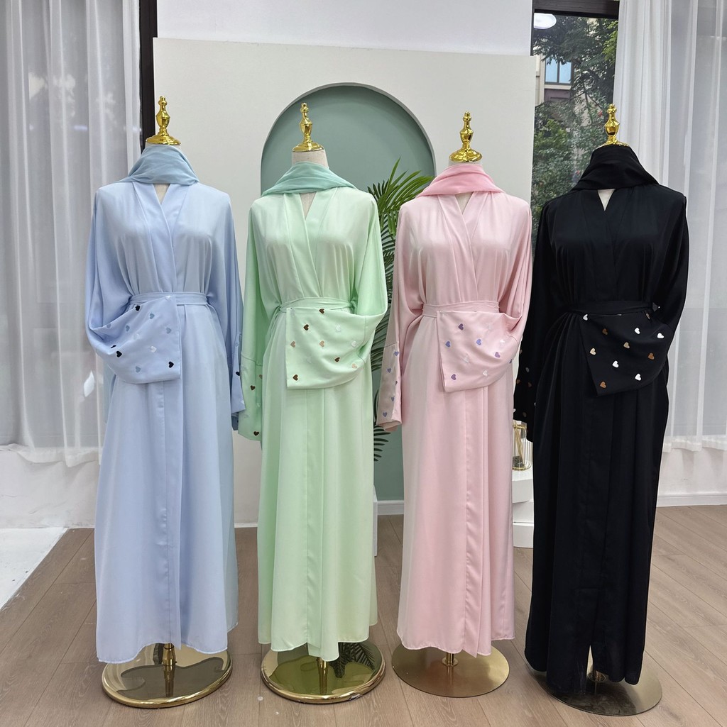 Love Heart Embroidery Muslim Abaya for Women Raya Cardigan Ramadan Abayas Kaftan Islam Dubai Arab Long Robe Jubah - detail 5
