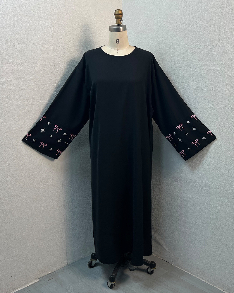 Ramadan Muslim Women Modest Dresses Kaftan Bow Embroidery Dubai Abayas Islam Raya Jubah Arab Long Robe - detail 6