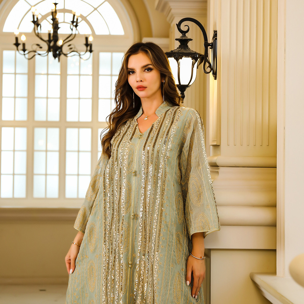Fashion Sequin Gold Stamping Abaya V-Neck Long Sleeve Loose Dress Malay Islamic Arab Elegant Casual Clothin - detail 8