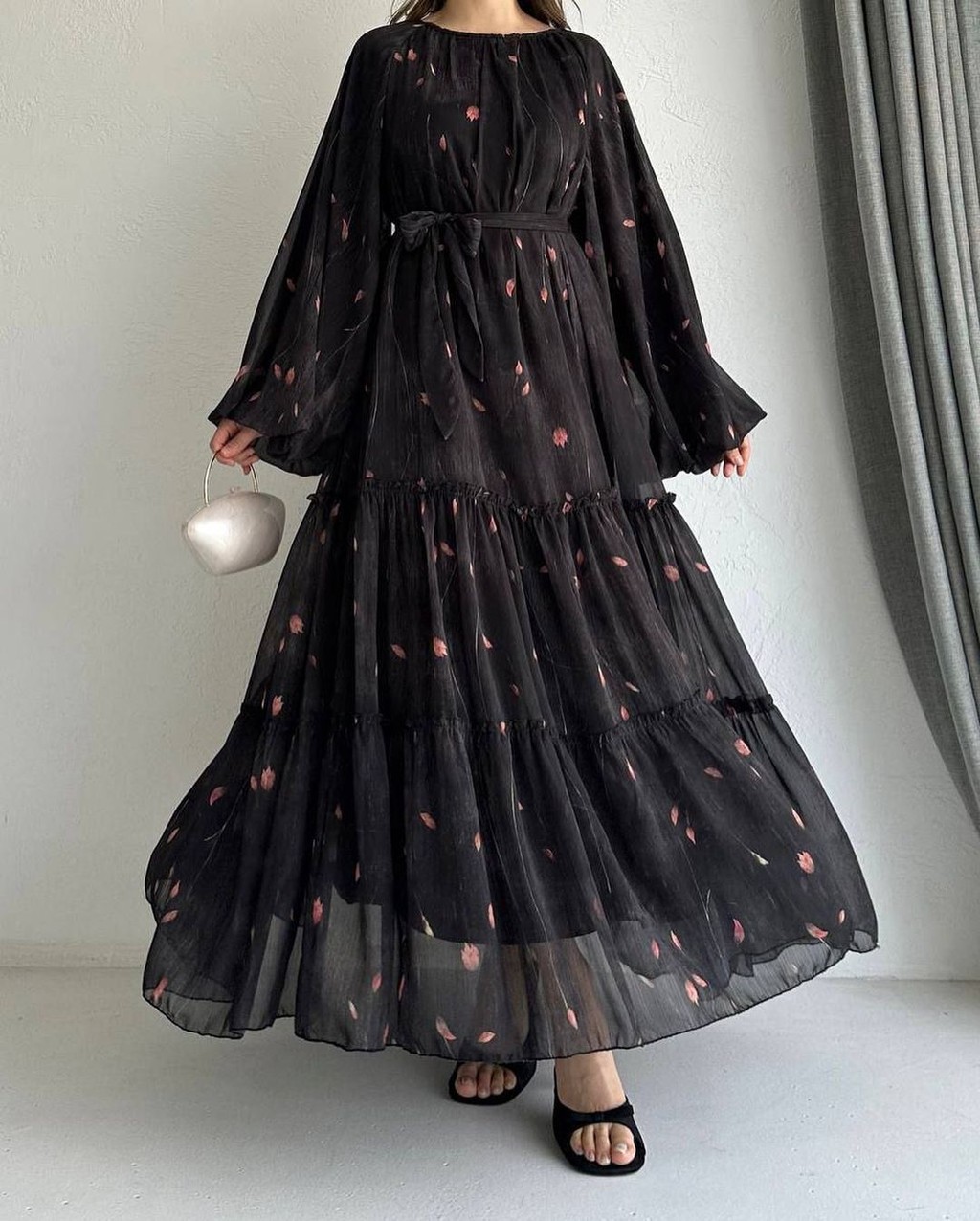 Women Dress Long Dresses A Line Casual Puff Full Sleeve Round Neck Maxi Lace Up Tight Waist Print Floral Elegant Splice - detail 7