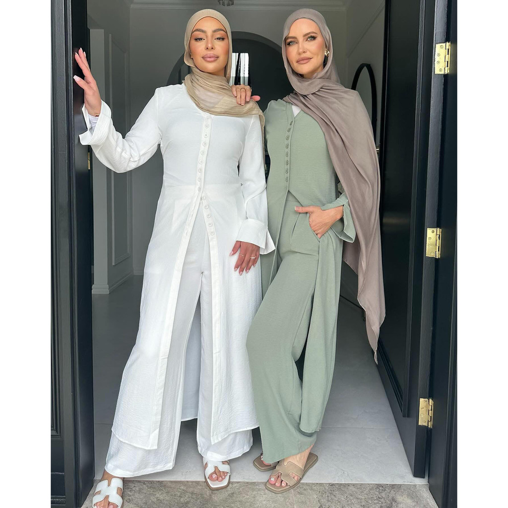 Ramadan Plain 2 Piece Abaya Set Tops Pants Modest Muslim Sets Abayas Prayer Clothes For Women Caftan Jubah Kaftan - detail 3
