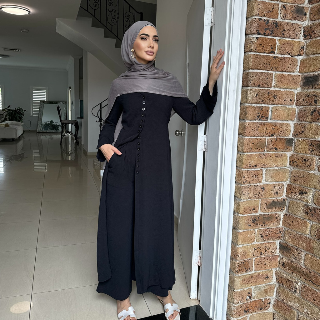 Ramadan Plain 2 Piece Abaya Set Tops Pants Modest Muslim Sets Abayas Prayer Clothes For Women Caftan Jubah Kaftan - detail 6