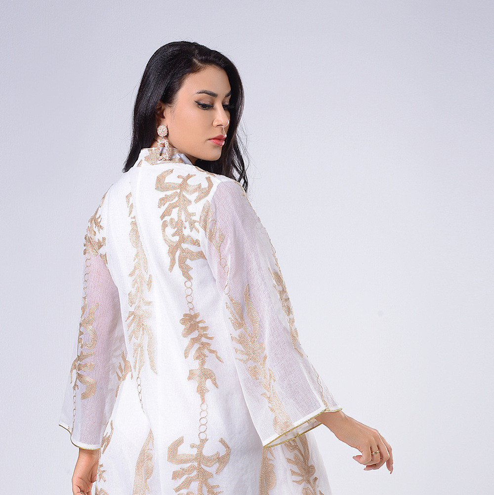 Sequins Embroidered Abaya Dress For Women Kaftan Arabic White Islamic Ethnic Robe Raya New - detail 9