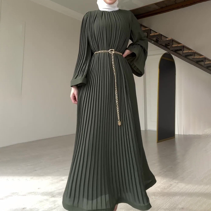 Women Long Sleeve Pleated Dresses Vintage Solid Muslim Abaya Dress Elegant Casual Loose Sundress Islamic Clothing - detail 2