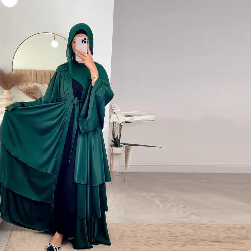 Raya Abayas for Women Muslim Satin 3 Layers Ramadan Robe Cake Dress Ramadan Caftan Long Dresses Cardigan Jubah - detail 2