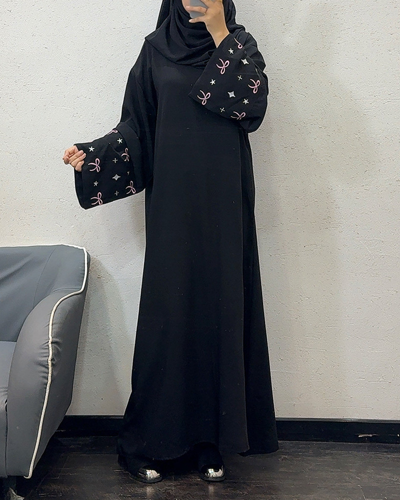 Ramadan Muslim Women Modest Dresses Kaftan Bow Embroidery Dubai Abayas Islam Raya Jubah Arab Long Robe - detail 5