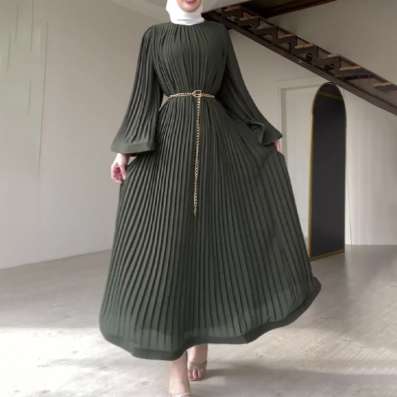 Women Long Sleeve Pleated Dresses Vintage Solid Muslim Abaya Dress Elegant Casual Loose Sundress Islamic Clothing - detail 3