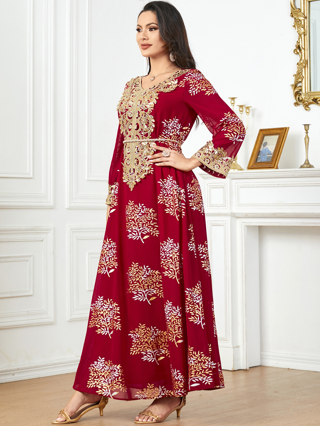 Summer Middle East Arab New Floral Gold Plated Women Dresses Party Dresses Malayu Kaftan with Customized Belt - detail 7