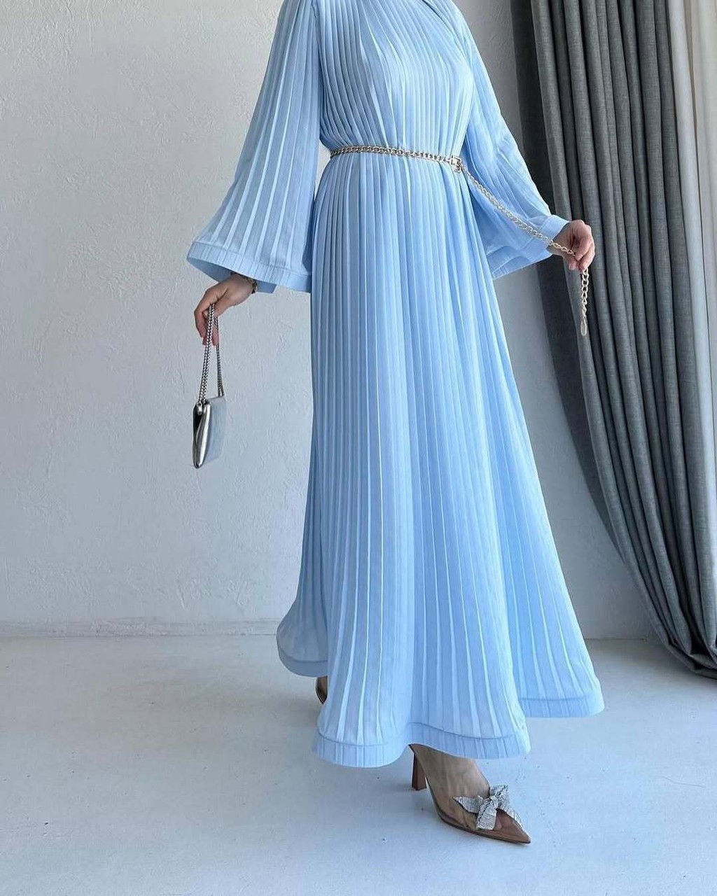 Women Long Sleeve Pleated Dresses Vintage Solid Muslim Abaya Dress Elegant Casual Loose Sundress Islamic Clothing - detail 11